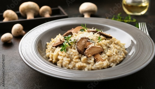 A dish of creamy risotto with porcini mushrooms and shaved parmesan