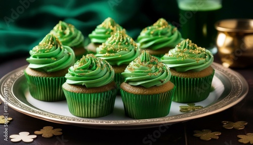  A festive plate of St. Patrick’s Day cupcakes with green frosting and gold sprinkles