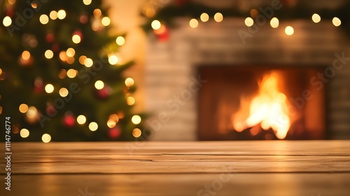 Merry Christmas stone podium mock up background. Winter empty pedestal, front view. Christmas tree with Illumination and fireplace
