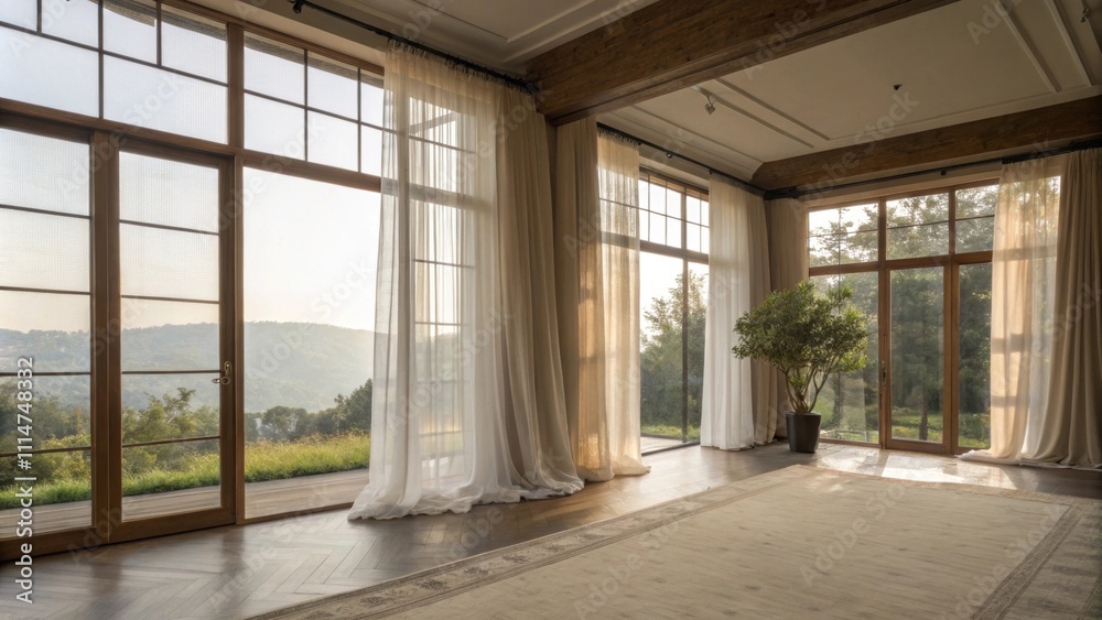 Fototapeta premium Large windows nearby allow natural light to filter through drapes illuminating the space and providing glimpses of nature outside seamlessly blending indoor comfort with outdoor