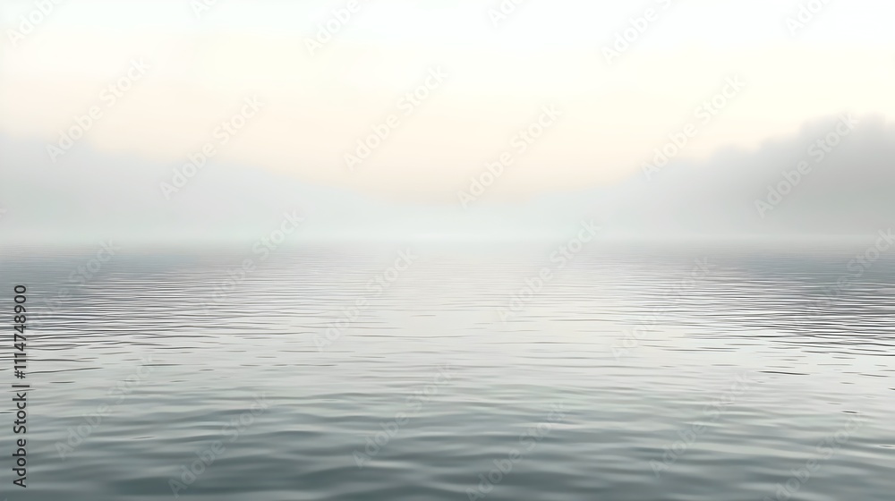 Obraz premium A tranquil scene of a calm water surface reflecting soft pastel hues, enveloped in gentle morning fog, creating a serene and dreamy atmosphere.