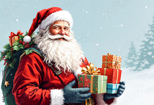 a santa Claus with some gift boxs on white background