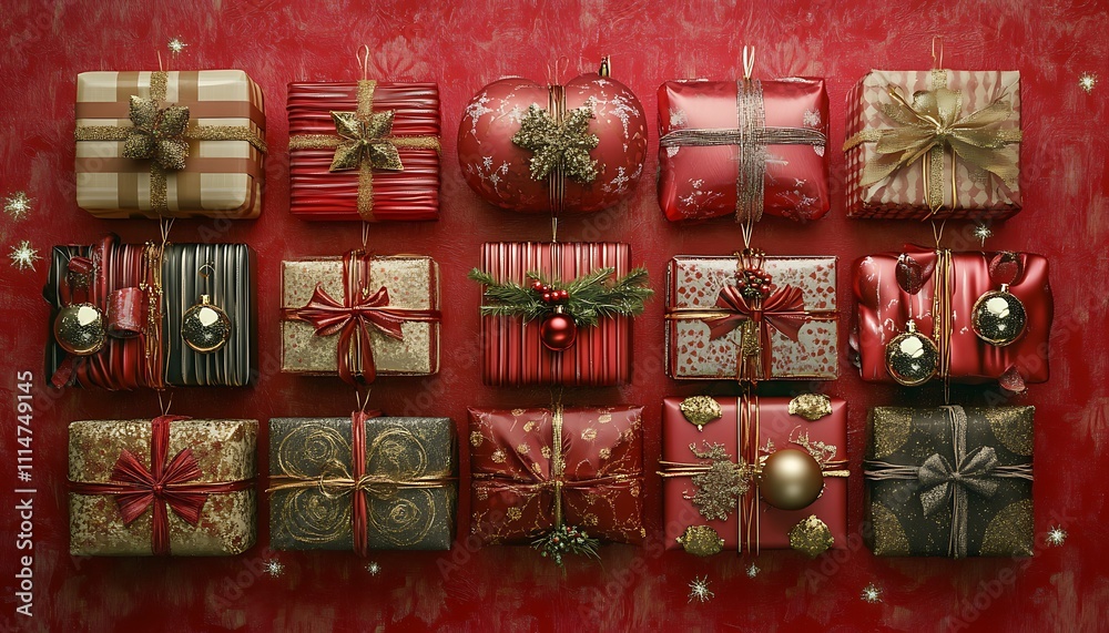 A festive arrangement of beautifully wrapped gifts on a red background. A festive arrangement of beautifully wrapped gifts on a red background.