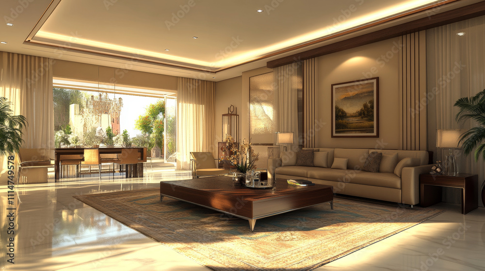 Fototapeta premium a 3D render of a modern living room featuring an elegant neutral color palette, 