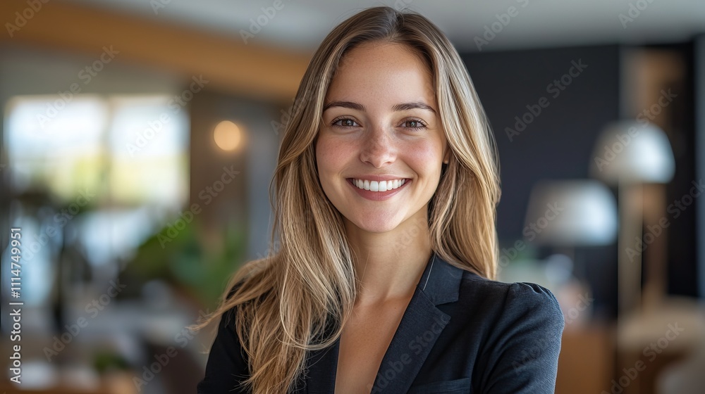 Fototapeta premium Smiling Professional Woman in Modern Office Environment with Laptop and Workspace