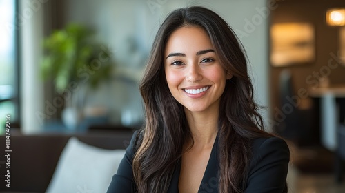 Free Download Smiling Professional Woman in Modern Office Environment with Laptop and Workspace - GFXLoad