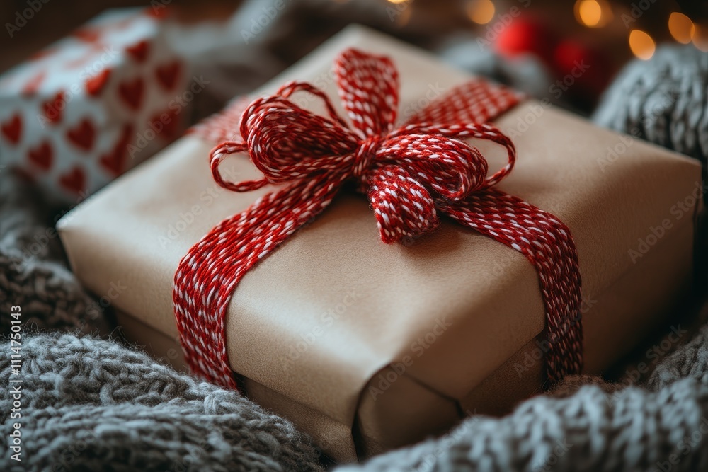 Wrapped present tied with a red ribbon showcased in a snug and cozy decor Wrapped present tied with a red ribbon showcased in a snug and cozy decor