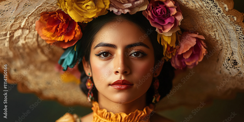 Naklejka premium A person in traditional Mexican costume celebrating the vibrant culture and traditions of Mexico, featuring colorful attire, festive energy, and a joyous atmosphere.