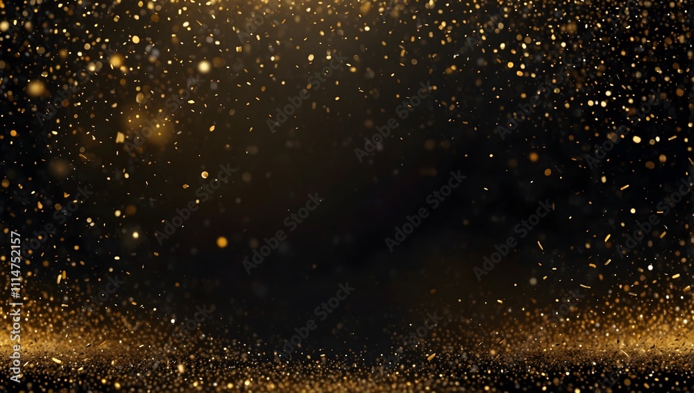 Obraz premium Gold glitter particles fall on a dark background.