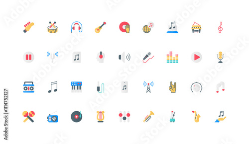 Sound and voice record, music, audio equipment, headphones and wireless digital devices color icon set. Guitar and treble clef, smart speaker and microphone, radio flat elements vector illustration