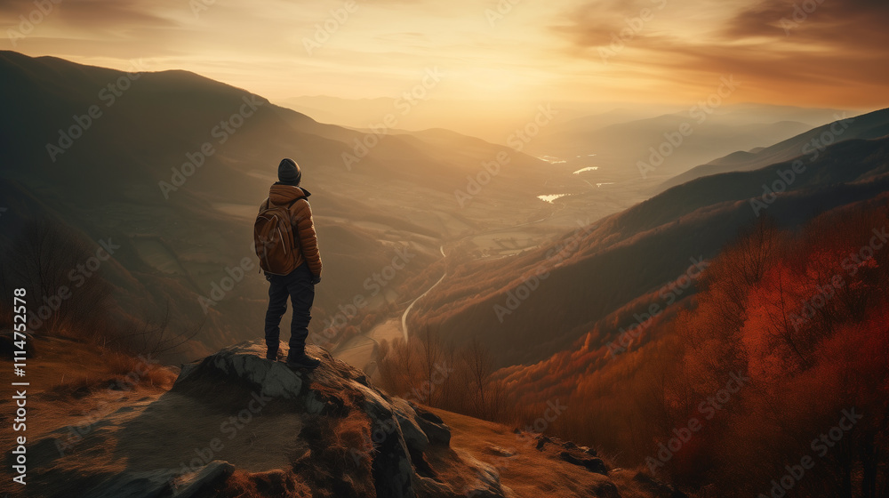 Fototapeta premium Sunset in the mountains, traveler on the summit.