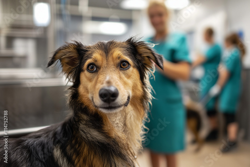 A rescued dog with soulful eyes being groomed and cared for by staff in an animal shelter's clean, well-lit room. photo