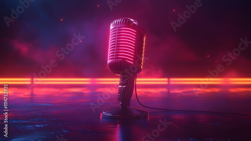 microphone with glowing neon accents stands out with elegance against a sleek, dark background. The vibrant design exudes a professional and stylish look, perfect for media, recording, and entertainm photo