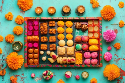 Flat lay of vibrant Punjabi sweets like gajak, rewari, and jaggery ladoos, beautifully arranged on a colorful tray, adorned with marigold flowers and small lamps, celebrating festive spirit of Lohri. photo