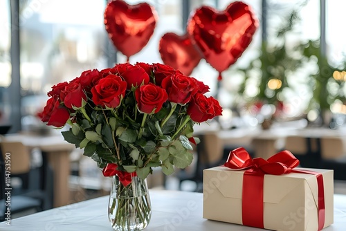 Wallpaper Mural Bouquet of red roses in vase, gift box with red ribbon, red balloons in shape of heart in the background in restaurant. Valentines day card. Torontodigital.ca