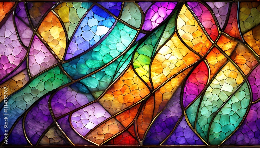 A vibrant and colorful stained glass panel showcasing intricate and curved abstract designs in multiple shades A vibrant and colorful stained glass panel showcasing intricate and curved abstract designs in multiple shades