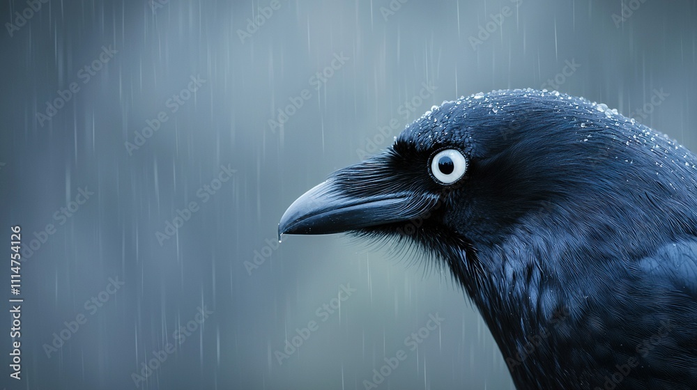 Fototapeta premium Close-up of a black bird with water droplets on its face and raindrop on head