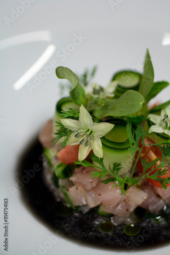 Gourmet fish tartare and eddible sprouts with spicy black sauce, top view close-up. photo