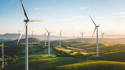 wind turbines in green landscape for renewable energy production with sustainable technology  photo