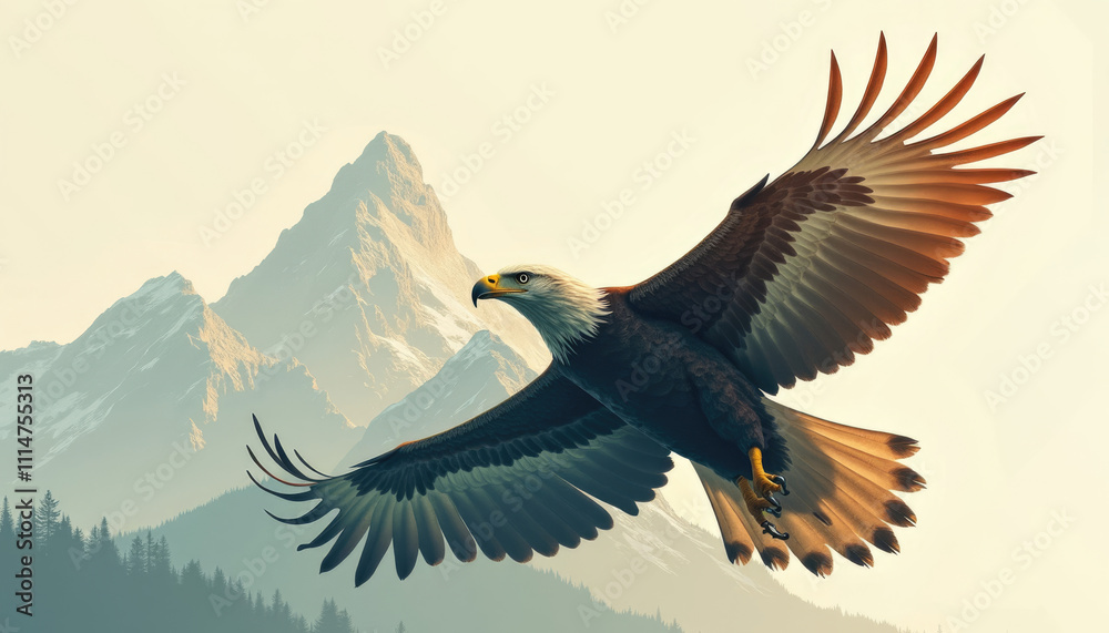 Obraz premium A majestic bald eagle soars gracefully over snow capped mountains wings outstretched in freedom.