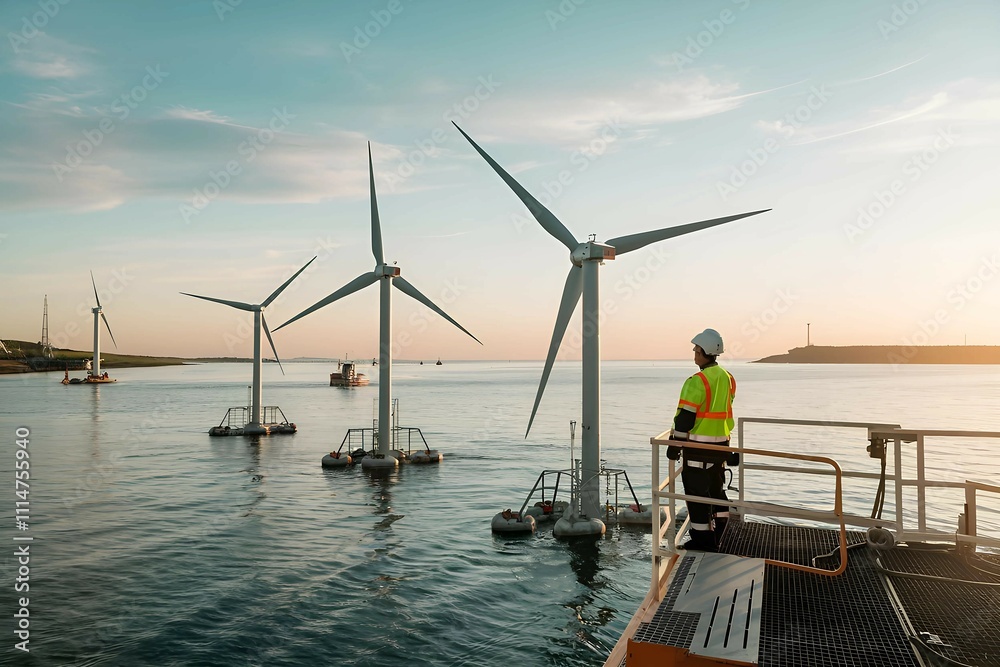 offshore wind turbines with an engineer supervising the installation offshore wind turbines with an engineer supervising the installation
