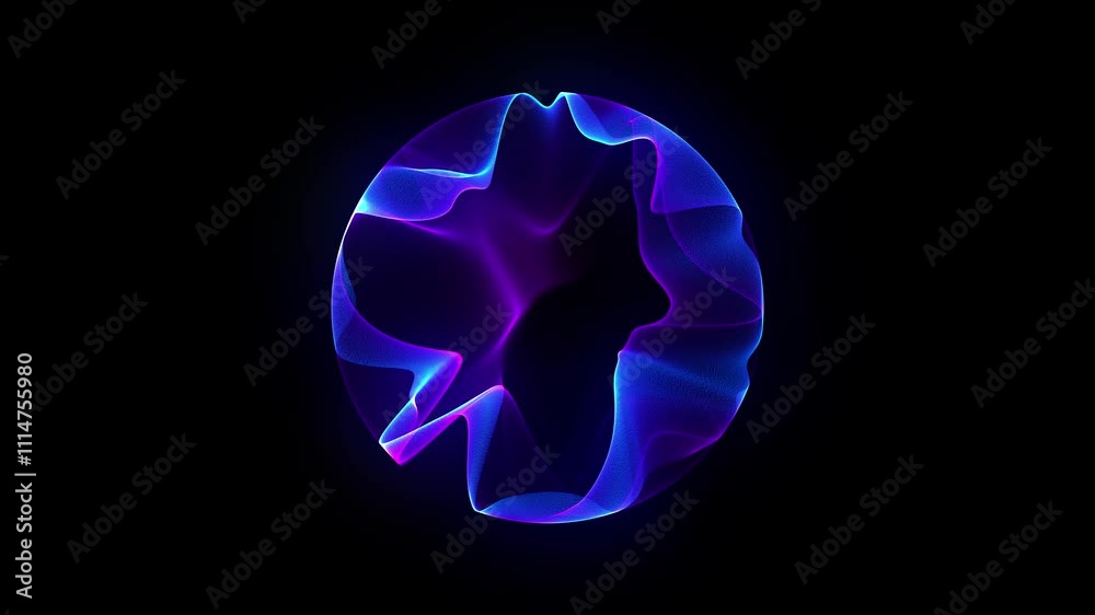 Bright glowing rotating particle 3d sphere in universe. Abstract technology, science, engineering and artificial intelligence  isolated background. Animated wave energy ball. Purple laser. 4k loop.