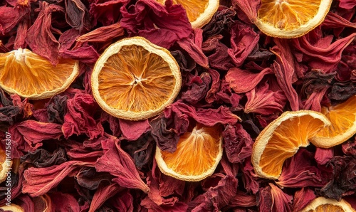 dried hibiscus flowers coupled with fragrant lerass and whole dried orange slices forming a vibrant and zesty herbal infusion combination. photo