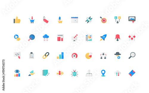 SEO, online analytics, marketing optimization system for business development color icon set. Keywords and ads, target and search results, link building, management flat elements vector illustration