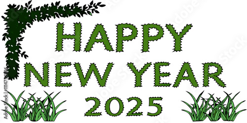  Shrubs trimmed into text "Happy New Year 2025" isolated on a white background. Perfect for wallpaper, web page, flyer, banner, poster, greetings card design and new year celebration