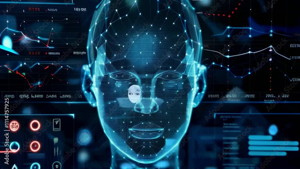 Facial recognition technology, woman face with lines of AI biometric system on computer screen, digital scanning of person. Concept of identification, data, hud, deepfake. 