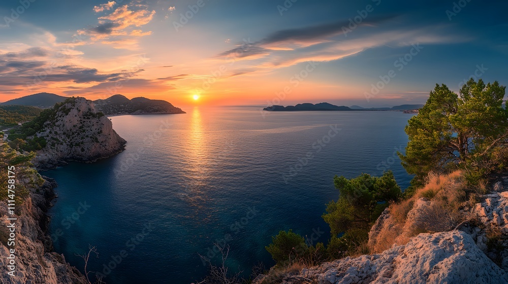 Fototapeta premium Sunset over the ocean, painting the sky with vibrant oranges and pinks. A tranquil scene with rocky cliffs and lush greenery.