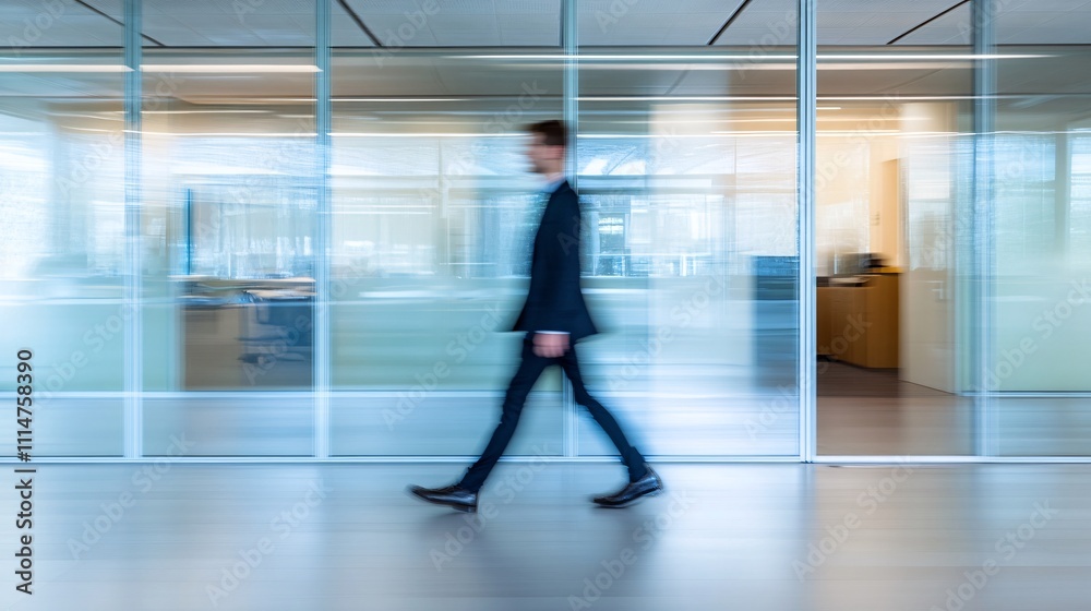 Fototapeta premium A profile portrait of a man walking in a contemporary minimalist office.