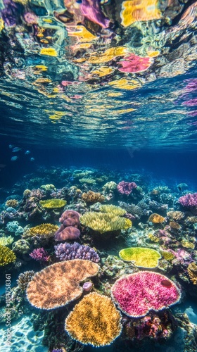 Vibrant coral reef teeming with marine life in clear blue waters photo