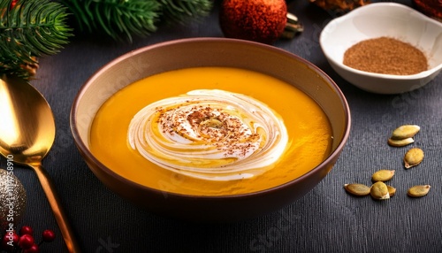 A bowl of butternut squash soup with a swirl of cream and a sprinkle of nutmeg, with festive