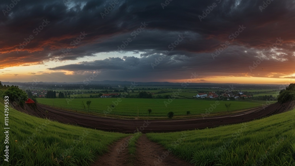 Obraz premium Dramatic sunset over farmland, dark storm clouds.
