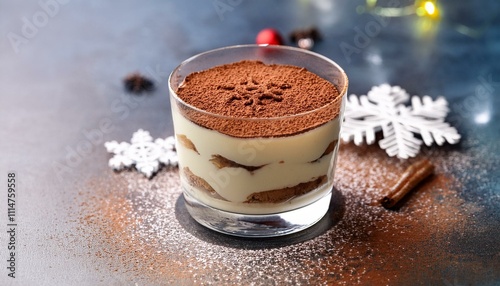 A classic tiramisu served in a clear glass with cocoa powder dusted into a snowflake pattern