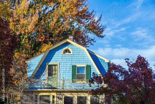 Charming blue house surrounded by autumn foliage in Watertown, Massachusetts, USA
 photo