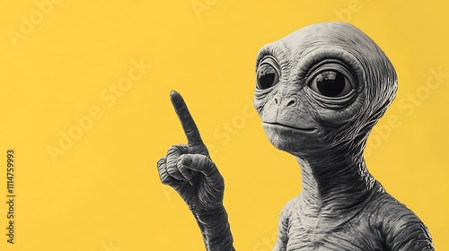 Alien pointing finger, yellow background