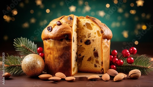 A panettone sliced open to reveal dried fruits and nuts, surrounded by festive decor. 