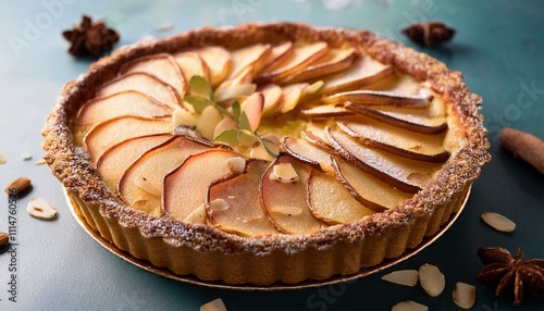 A pear and almond tart with sugared edges and a festive garnish.