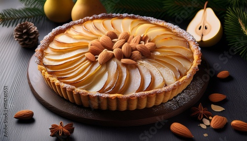 A pear and almond tart with sugared edges and a festive garnish.