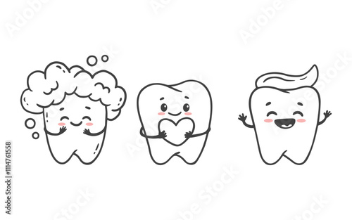 Cute cartoon teeth on a white background. Funny tooth with tooth paste, heart and tooth in a foam cloud. Doodles. Vector illustration