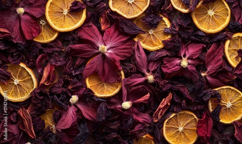 dried hibiscus flowers coupled with fragrant lerass and whole dried orange slices forming a vibrant and zesty herbal infusion combination. photo