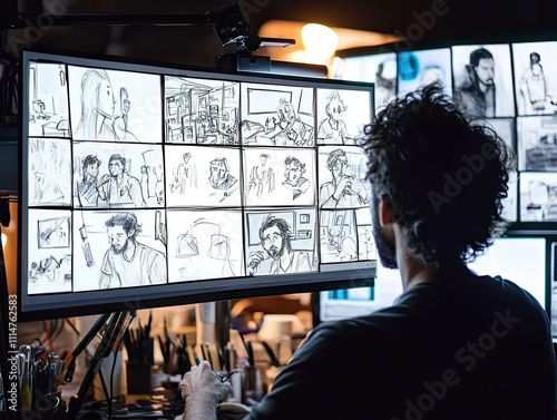 Person reviewing sketched storyboards on monitors.