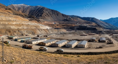 Panoramic view of mining camp surrounded by mountains under clear sky