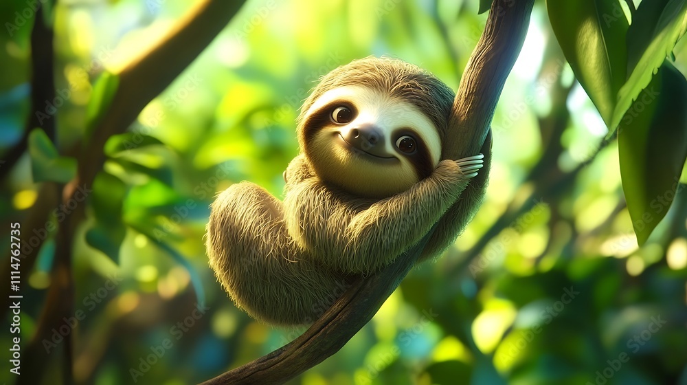 Adorable sloth hanging from a tree branch in a lush green rainforest. Peaceful and serene. Adorable sloth hanging from a tree branch in a lush green rainforest. Peaceful and serene.