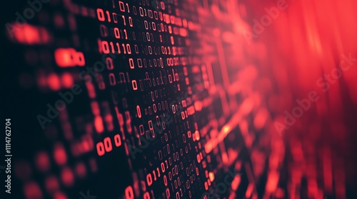 Abstract digital code background in shades of red and black.