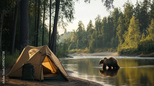 modern tourist tent and tourist backpack on the river bank in the forest, a brown bear is walking along the river nearby, the concept of adventure and hiking and safety. Sunlight