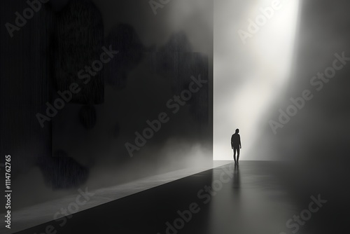 A lone figure walks towards a bright light, leaving behind a dark and mysterious space. A journey of hope and uncertainty. photo