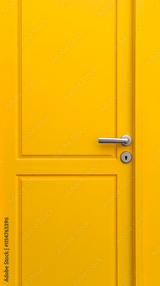 Obraz premium Bright Yellow Solid Background with a Simple Silver Door Handle and Keyhole - Minimalistic and Modern Design